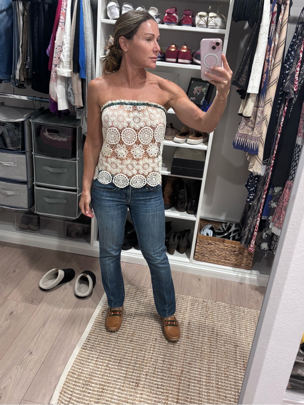 Anna Sui O’Neil Cream Crochet Lace Tube Top with Teal Trim